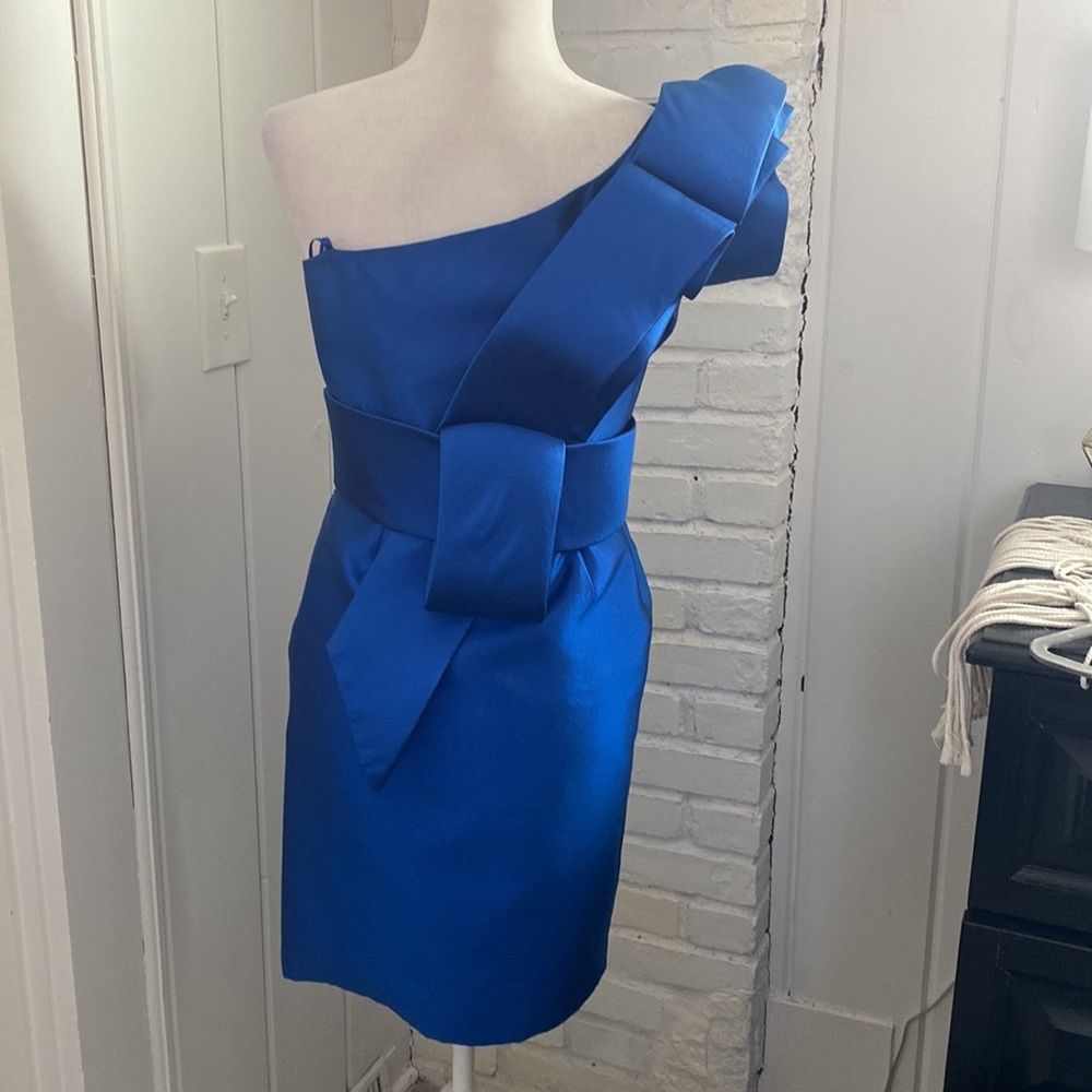 NWOT Marchesa Royal Blue Silk One shoulder Cocktail Mini Dress - Picture 3 of 11